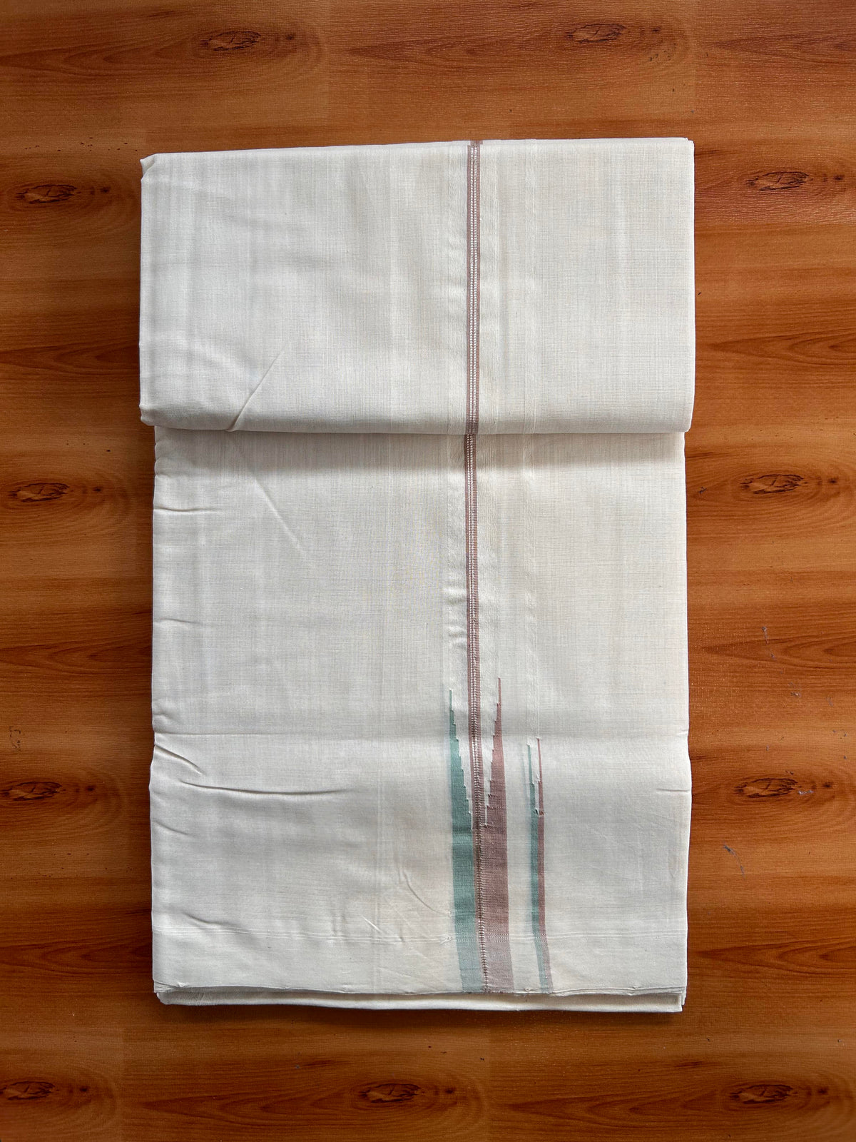 Off White (Unbleached) Double Mundu/Dhoti - 25% Discount!! Unakkupaav Kerala Handloom 100% Pure Cotton - 100X80 - 0.5 inch Puliyilakkara Silver Kasav Pestel Brown & Sea Form Green Stripes Double Chutty 4 mtr (8.5 Muzham) - 24 KK5538 REA