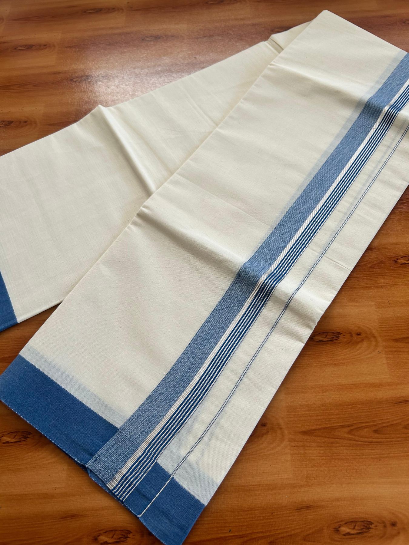 Short Dhoti Special - Off White (Unbleached) Single Mundu / Dhoti - KaithariKada Pure Cotton - 70x30 - 45 inch Height 1.80 m Length - 1.25 inch Blue shaded Silver striped kara - 4 KK5494 PMC
