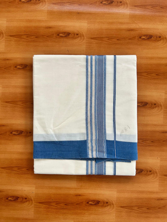 Short Dhoti Special - Off White (Unbleached) Single Mundu / Dhoti - KaithariKada Pure Cotton - 70x30 - 45 inch Height 1.80 m Length - 1.25 inch Blue shaded Silver striped kara - 3 KK5494 PMC