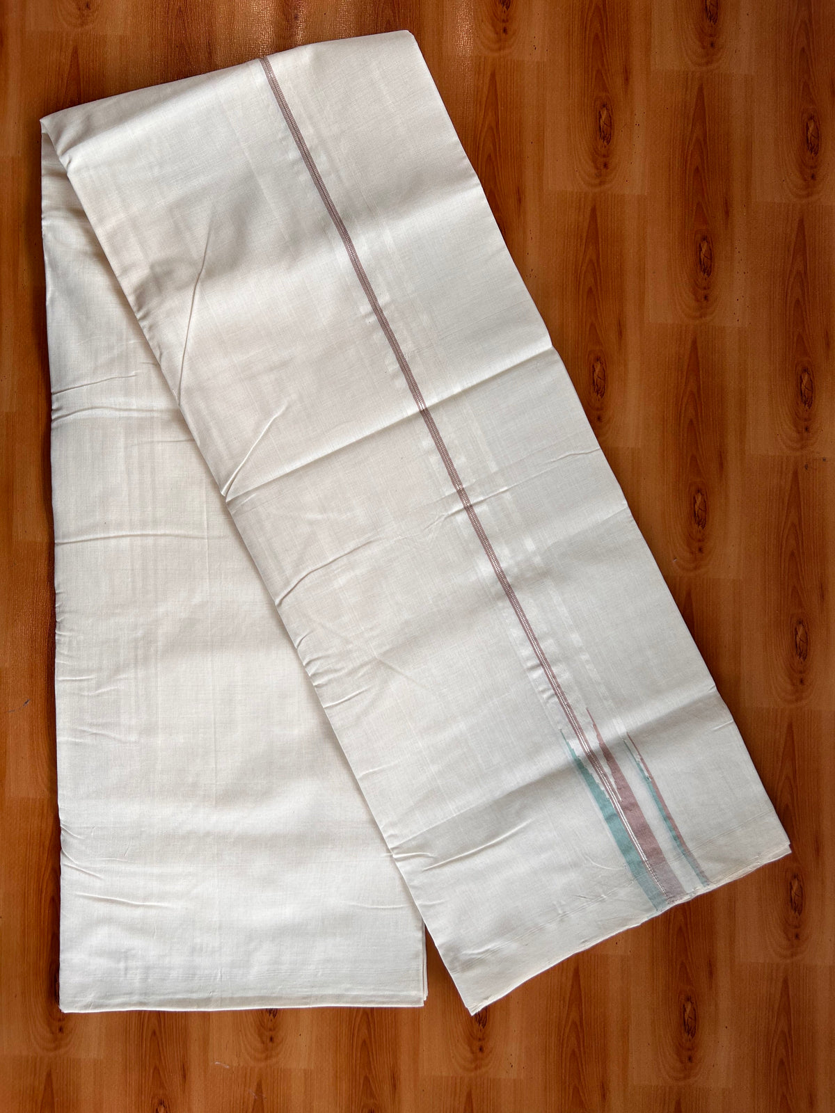Off White (Unbleached) Double Mundu/Dhoti - 25% Discount!! Unakkupaav Kerala Handloom 100% Pure Cotton - 100X80 - 0.5 inch Puliyilakkara Silver Kasav Pestel Brown & Sea Form Green Stripes Double Chutty 4 mtr (8.5 Muzham) - 24 KK5538 REA