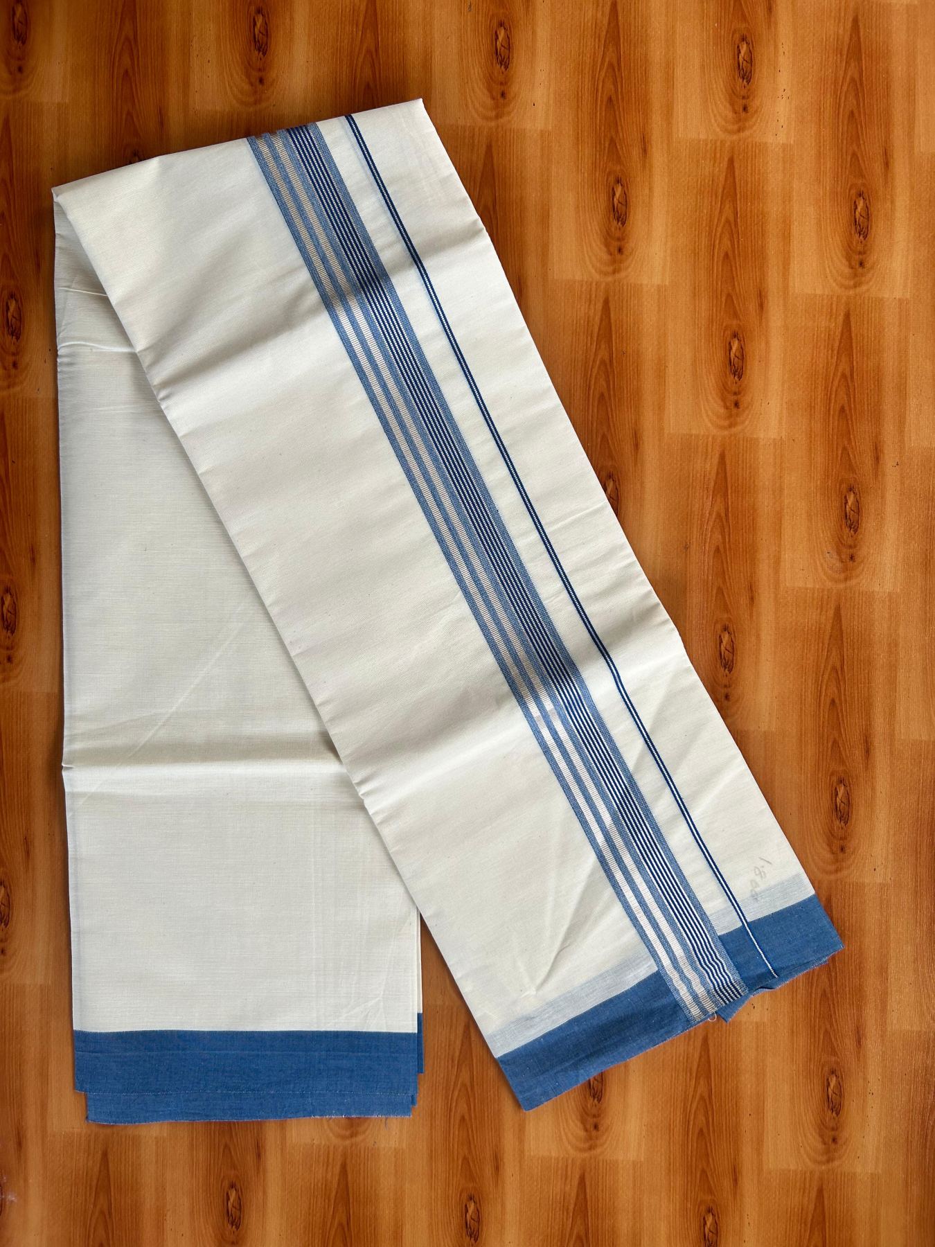 Short Dhoti Special - Off White (Unbleached) Single Mundu / Dhoti - KaithariKada Pure Cotton - 70x30 - 45 inch Height 1.80 m Length - 1.25 inch Blue shaded Silver striped kara - 3 KK5494 PMC