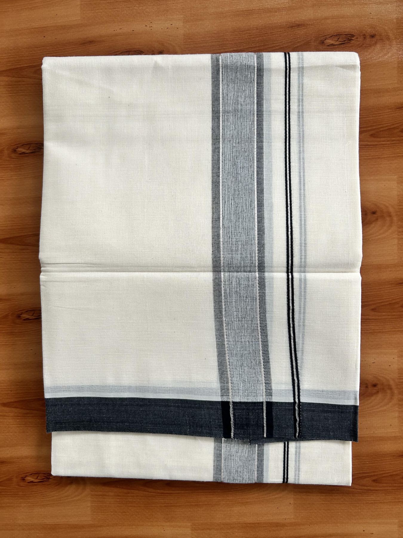 Double Off White (Unbleached) Mundu/Dhoti - 20% Discount! Kaitharikada Pure Cotton - 60s - 1.5 Inch Silver Kasav & Ash Black Shaded Kara 4 mtr (8.5 muzham) - 99 KK5460 PMC