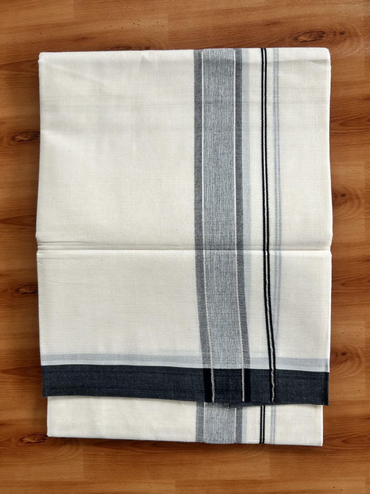 Double Off White (Unbleached) Mundu/Dhoti - 20% Discount! Kaitharikada Pure Cotton - 60s - 1.5 Inch Silver Kasav & Ash Black Shaded Kara 4 mtr (8.5 muzham) - 99 KK5460 PMC