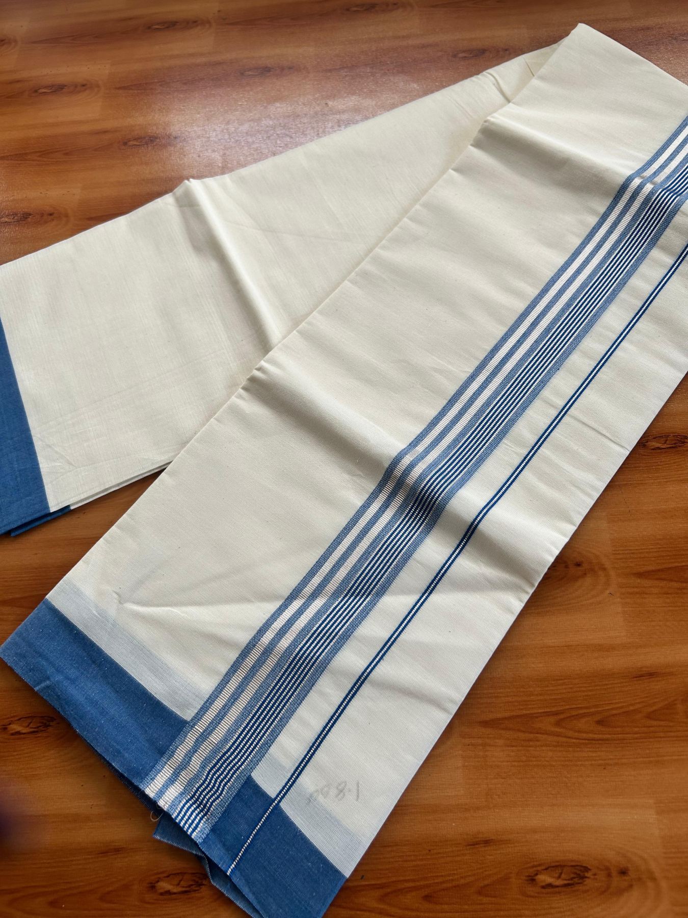 Short Dhoti Special - Off White (Unbleached) Single Mundu / Dhoti - KaithariKada Pure Cotton - 70x30 - 45 inch Height 1.80 m Length - 1.25 inch Blue shaded Silver striped kara - 3 KK5494 PMC