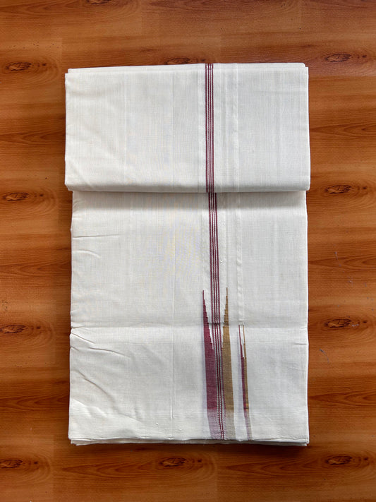 Off White (Unbleached) Double Mundu/Dhoti - 25% Discount!! Unakkupaav Kerala Handloom 100% Pure Cotton - 100X80 - 1 inch Puliyilakkara Silver Kasav Mustrad Brown & Maroon Stripes Double Chutty 4 mtr (8.5 Muzham) - 21 KK5538 REA