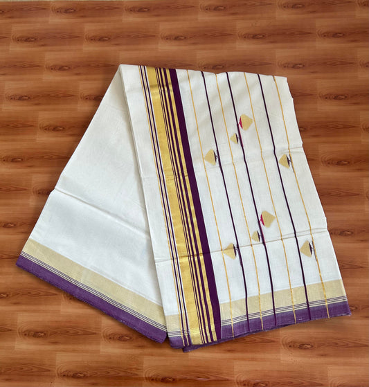 25% Discount KaithariKada Handloom Millpaav Balaramapuram Kerala Saree for Women - 100% Pure Cotton - 3 inch Gold Kasav Wine Purple & Rani Pink Stripes Design Kara - 1 KK7158 RAV