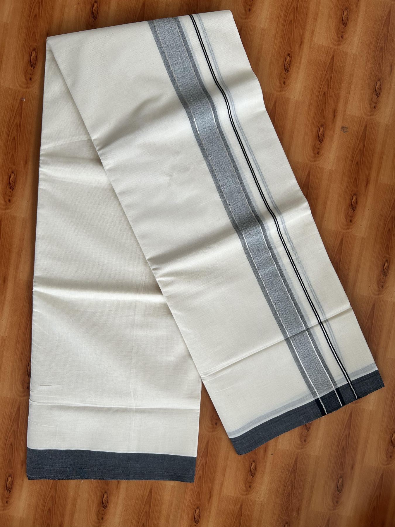 Double Off White (Unbleached) Mundu/Dhoti - 20% Discount! Kaitharikada Pure Cotton - 60s - 1.5 Inch Silver Kasav & Ash Black Shaded Kara 4 mtr (8.5 muzham) - 99 KK5460 PMC