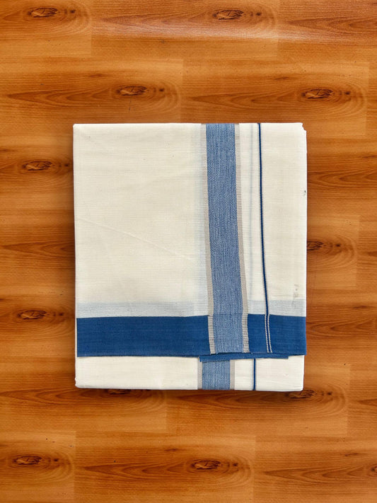 Short Dhoti Special - Off White (Unbleached) Single Mundu / Dhoti - KaithariKada Pure Cotton - 70x30 - 45 inch Height 1.80 m Length - 1.25 inch Silver kasav Blue shaded kara - 2 KK5494 PMC