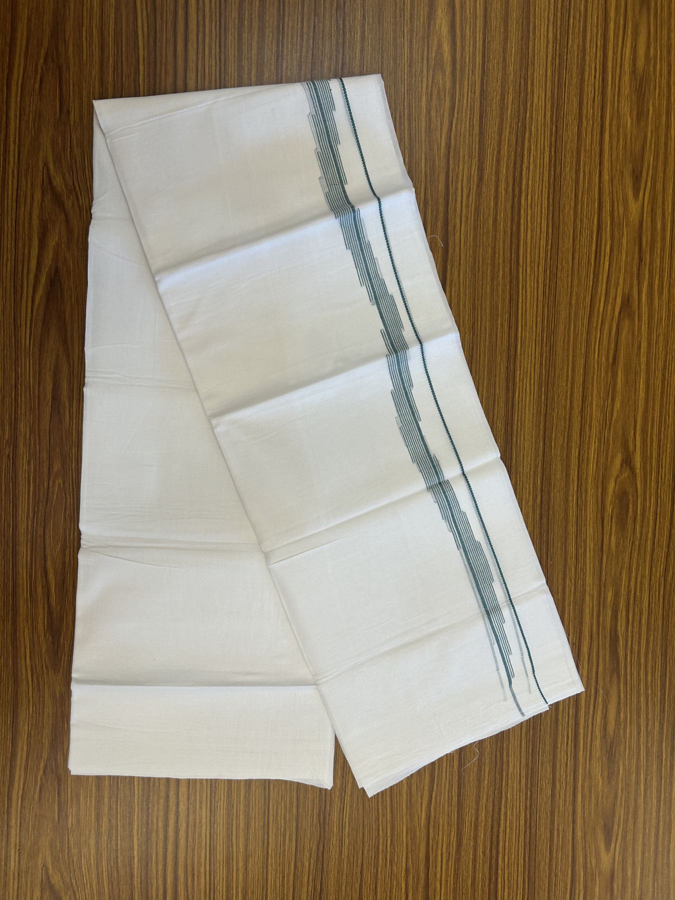 20% Discount ! Kaitharikada Balaramapuram 100% Cotton Pure White Double Mundu/Dothi - 100x80 - 0.75 inch Green Stripes Design Kara 3.80 mtr (8 muzham) - 33 KK5319 THI