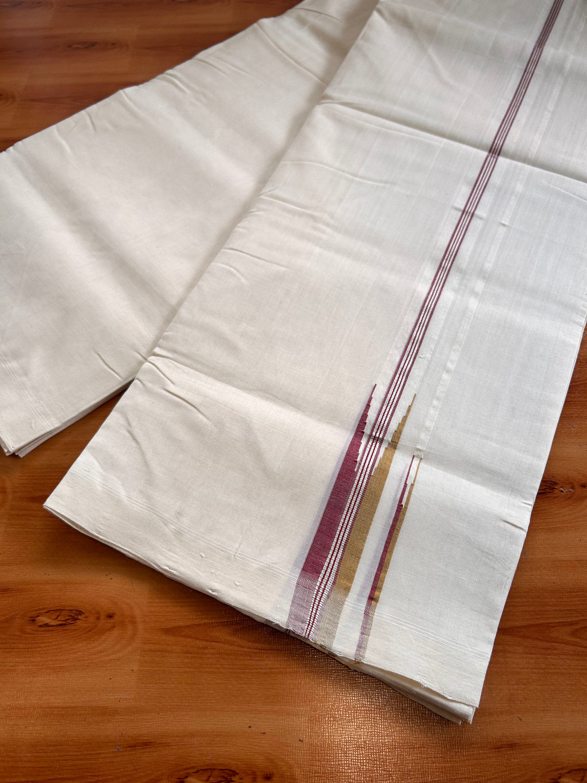 Off White (Unbleached) Double Mundu/Dhoti - 25% Discount!! Unakkupaav Kerala Handloom 100% Pure Cotton - 100X80 - 1 inch Puliyilakkara Silver Kasav Mustrad Brown & Maroon Stripes Double Chutty 4 mtr (8.5 Muzham) - 21 KK5538 REA