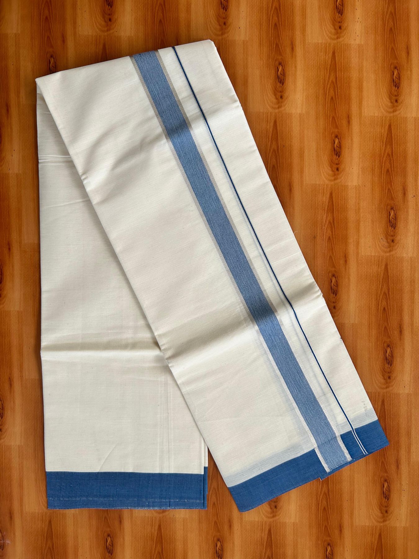 Short Dhoti Special - Off White (Unbleached) Single Mundu / Dhoti - KaithariKada Pure Cotton - 70x30 - 45 inch Height 1.80 m Length - 1.25 inch Silver kasav Blue shaded kara - 2 KK5494 PMC