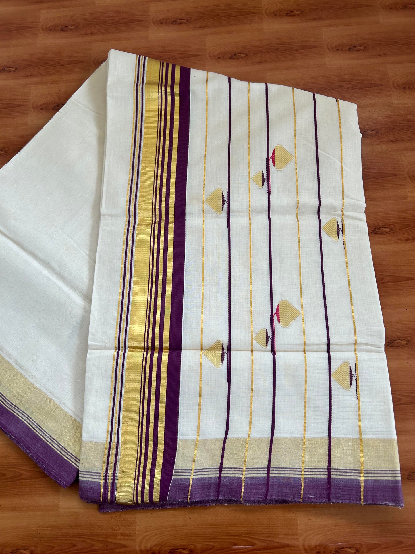 25% Discount KaithariKada Handloom Millpaav Balaramapuram Kerala Saree for Women - 100% Pure Cotton - 3 inch Gold Kasav Wine Purple & Rani Pink Stripes Design Kara - 1 KK7158 RAV