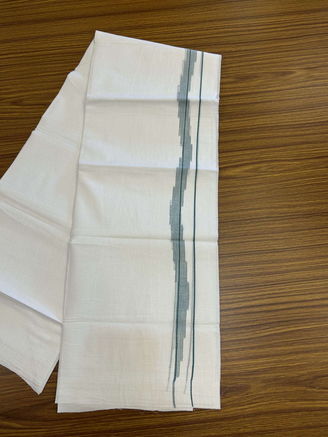20% Discount ! Kaitharikada Balaramapuram 100% Cotton Pure White Double Mundu/Dothi - 100x80 - 0.75 inch Green Stripes Design Kara 3.80 mtr (8 muzham) - 33 KK5319 THI