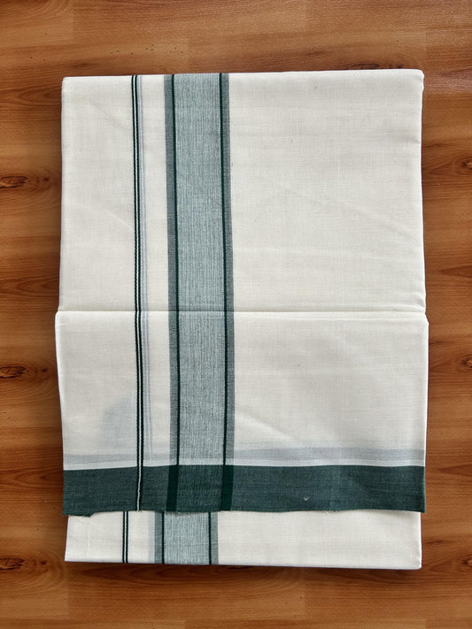 Double Off White Mundu/Dhoti- 20% Discount! KaithariKada Pure Cotton - 60s - 1.75 inch Green Shaded Kara 4 mtr (8.5 muzham) - 98 KK5460 PMC