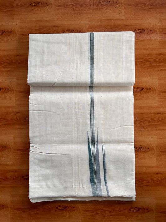 Off White (Unbleached) Double Mundu/Dhoti - 25% Discount!! Unakkupaav Kerala Handloom 100% Pure Cotton - 100X80 - 1 inch Puliyilakkara Silver Kasav Green & Ash Grey Stripes Double Chutty 4 mtr (8.5 Muzham) - 22 KK5538 REA