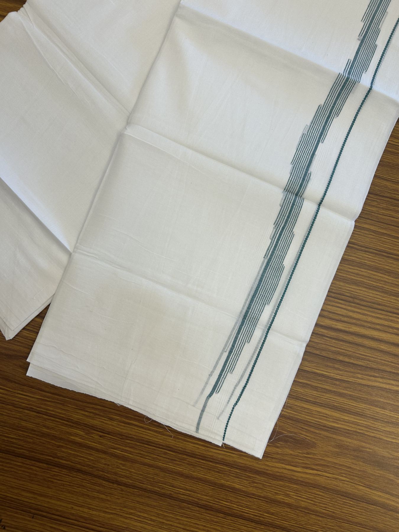 20% Discount ! Kaitharikada Balaramapuram 100% Cotton Pure White Double Mundu/Dothi - 100x80 - 0.75 inch Green Stripes Design Kara 3.80 mtr (8 muzham) - 33 KK5319 THI