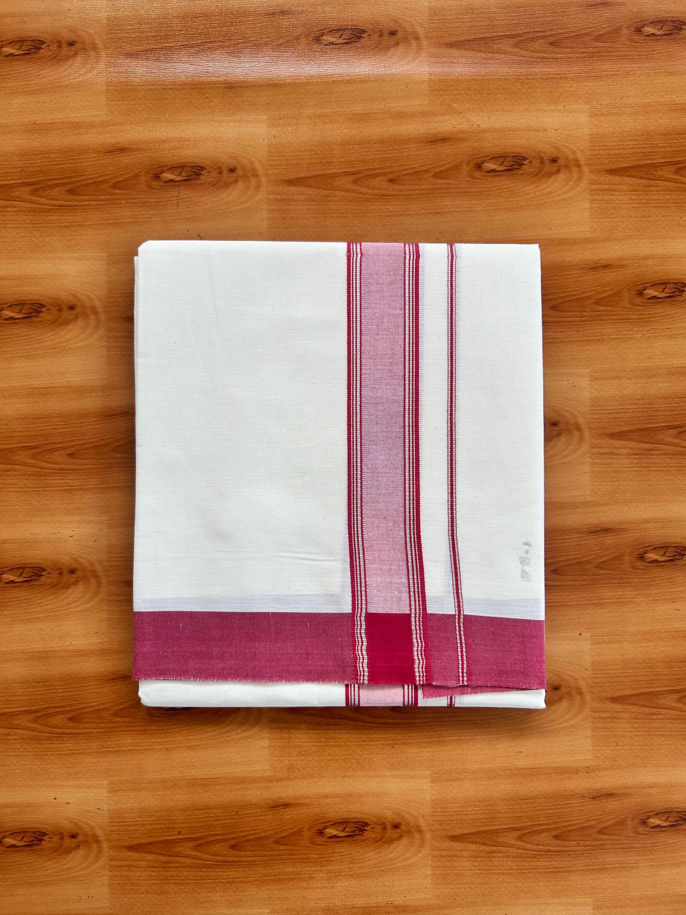 Short Dhoti Special - Off White (Unbleached) Single Mundu / Dhoti - KaithariKada Pure Cotton - 70x30 - 45 inch Height 1.80 m Length - 1.25 inch Maroon shaded Silver striped kara - 8 KK5494 PMC