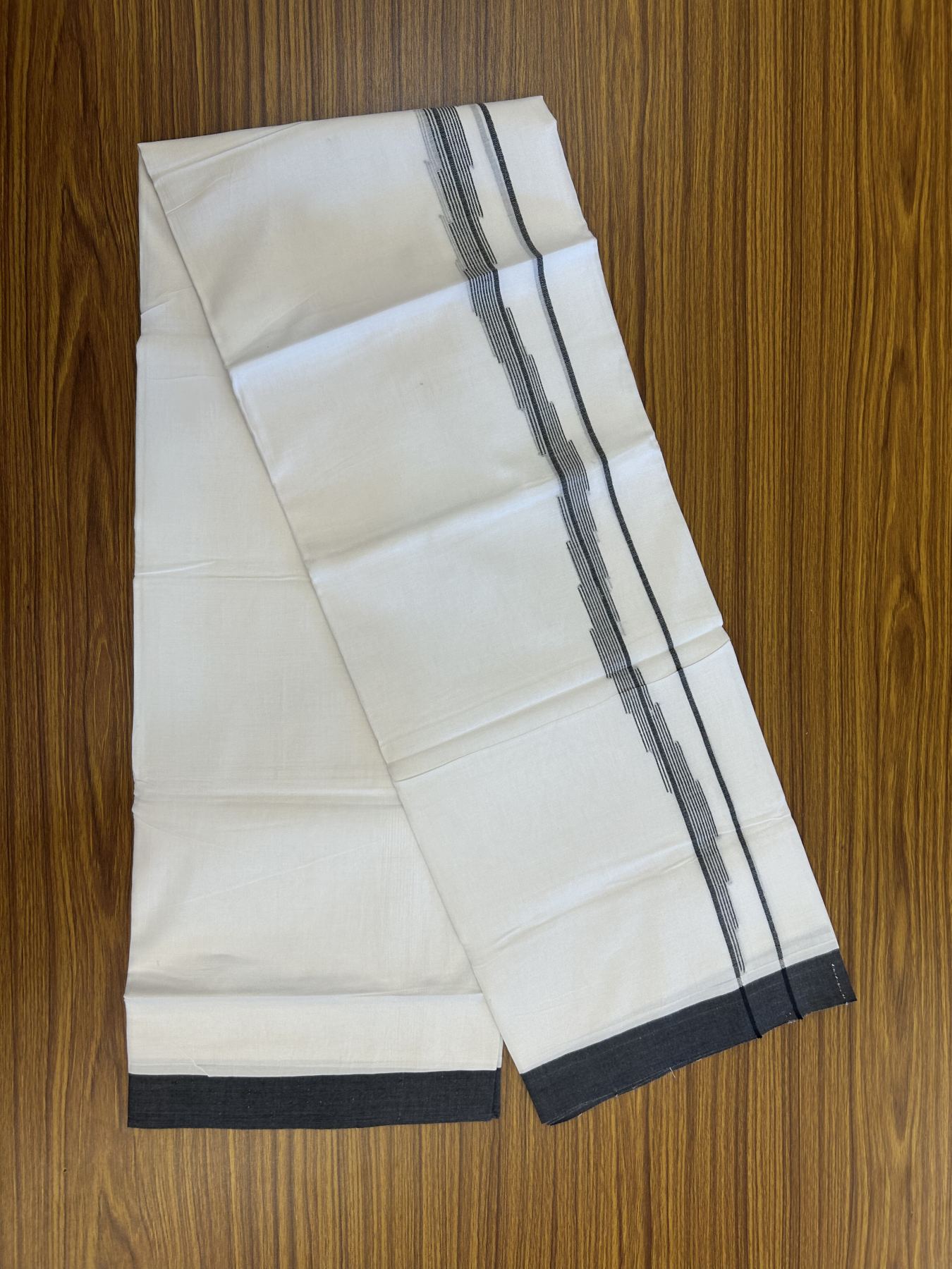 20% Discount ! Kaitharikada Balaramapuram 100% Cotton Pure White Double Mundu/Dothi - 100x80 - 0.75 inch Black Stripes Design Kara 3.80 mtr (8 muzham) - 34 KK5319 THI