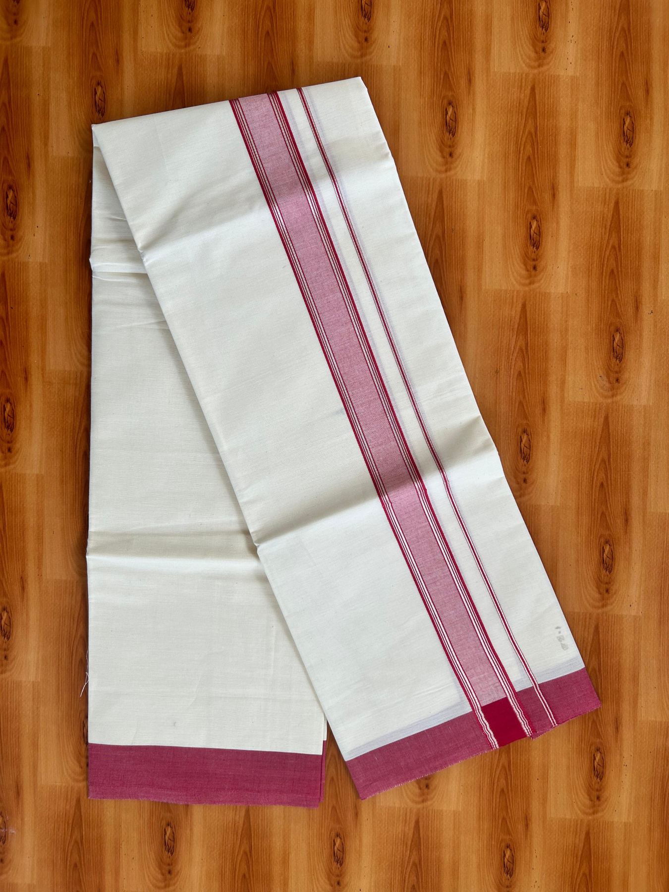 Short Dhoti Special - Off White (Unbleached) Single Mundu / Dhoti - KaithariKada Pure Cotton - 70x30 - 45 inch Height 1.80 m Length - 1.25 inch Maroon shaded Silver striped kara - 8 KK5494 PMC