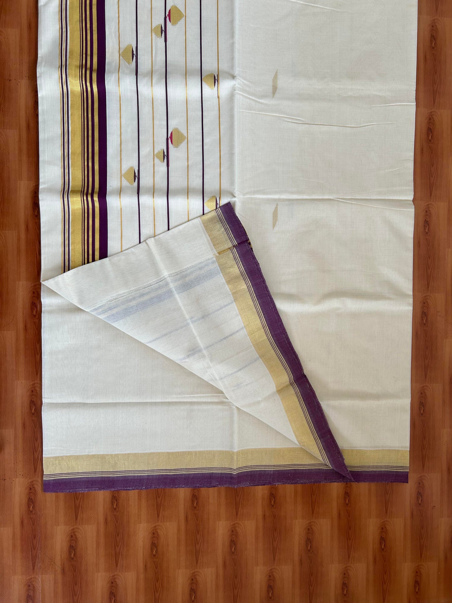 25% Discount KaithariKada Handloom Millpaav Balaramapuram Kerala Saree for Women - 100% Pure Cotton - 3 inch Gold Kasav Wine Purple & Rani Pink Stripes Design Kara - 1 KK7158 RAV