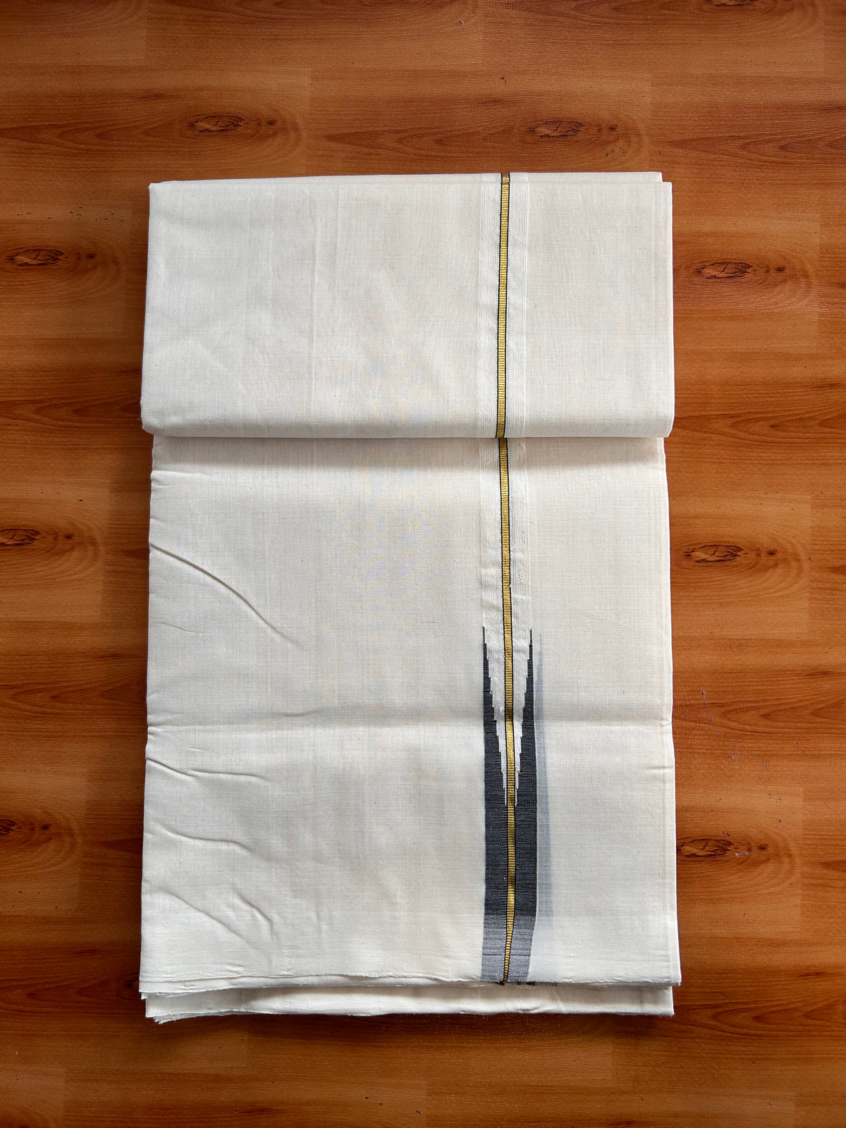 Off White (Unbleached) Double Mundu/Dhoti - 25% Discount!! Unakkupaav Kerala Handloom 100% Pure Cotton - 100X80 - 1 inch Puliyilakkara Gold Kasav Black Chutty 4 mtr (8.5 Muzham) - 10 KK5538 REA