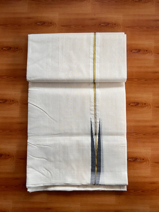 Off White (Unbleached) Double Mundu/Dhoti - 25% Discount!! Unakkupaav Kerala Handloom 100% Pure Cotton - 100X80 - 1 inch Puliyilakkara Gold Kasav Black Chutty 4 mtr (8.5 Muzham) - 10 KK5538 REA