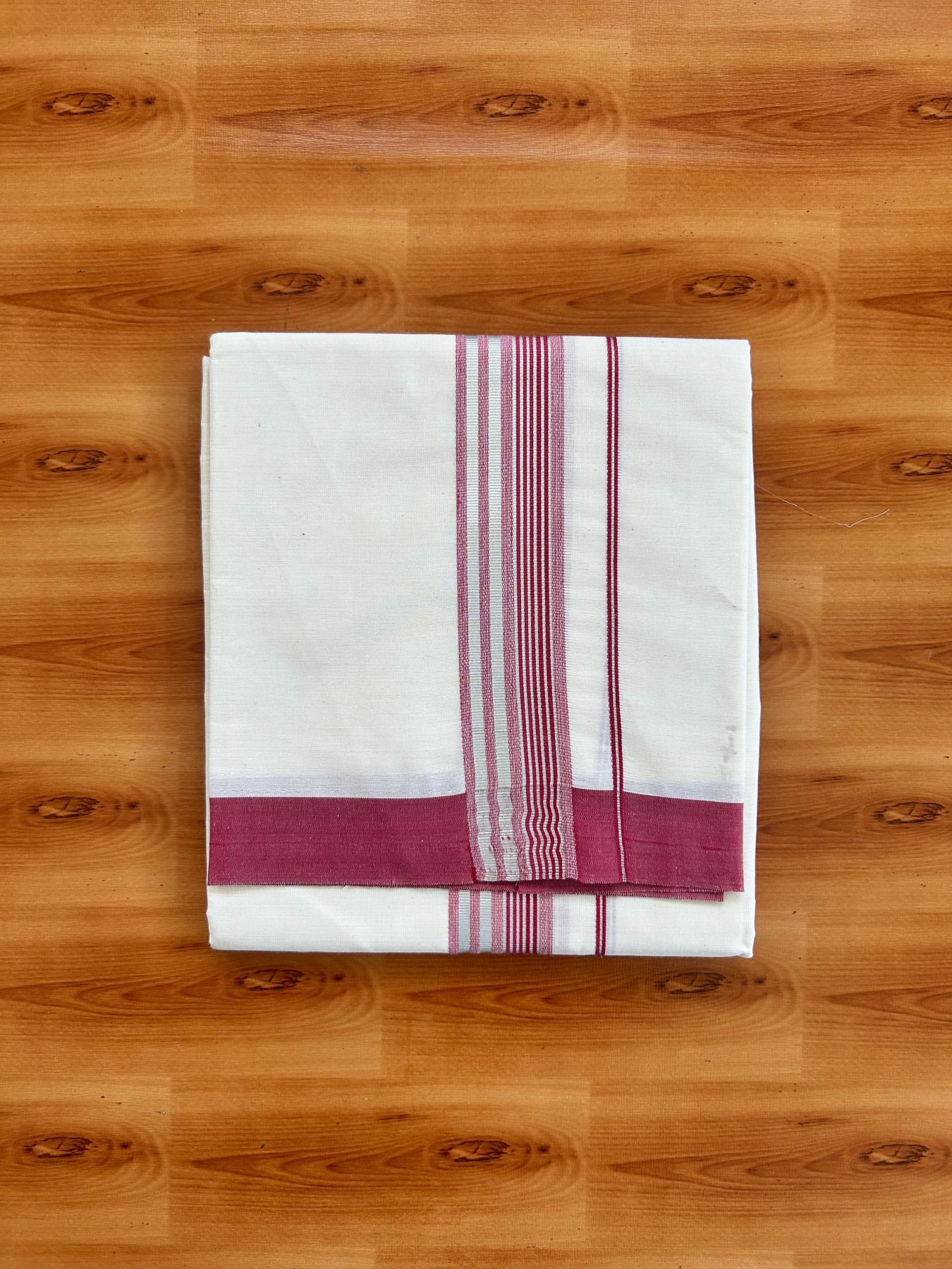 Short Dhoti Special - Off White (Unbleached) Single Mundu / Dhoti - KaithariKada Pure Cotton - 70x30 - 45 inch Height 1.80 m Length - 1.25 inch Maroon shaded Silver striped kara - 7 KK5494 PMC
