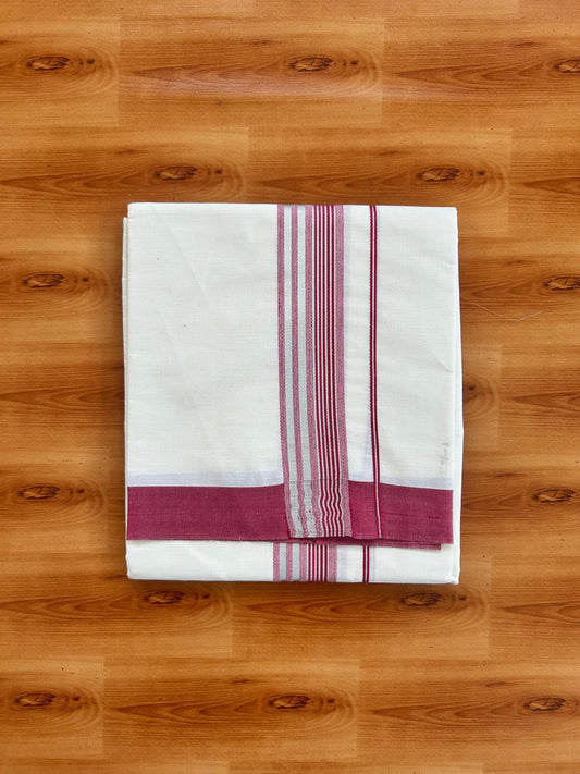 Short Dhoti Special - Off White (Unbleached) Single Mundu / Dhoti - KaithariKada Pure Cotton - 70x30 - 45 inch Height 1.80 m Length - 1.25 inch Maroon shaded Silver striped kara - 7 KK5494 PMC