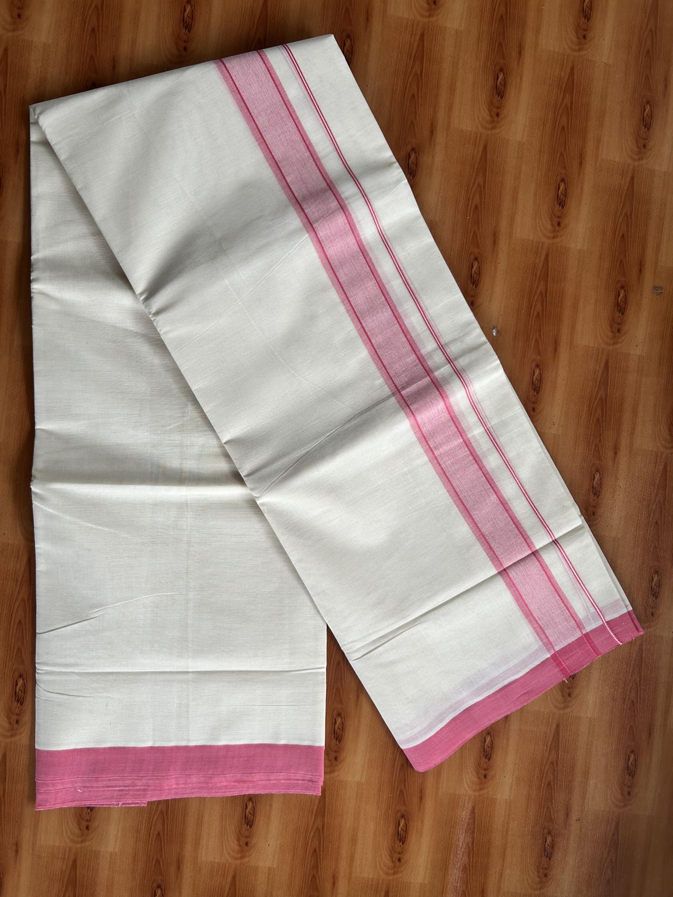 Double Off White Mundu/Dhoti- 20% Discount! KaithariKada Pure Cotton - 60s - 1.75 inch Pink Shaded Kara 4 mtr (8.5 muzham) - 97 KK5460 PMC