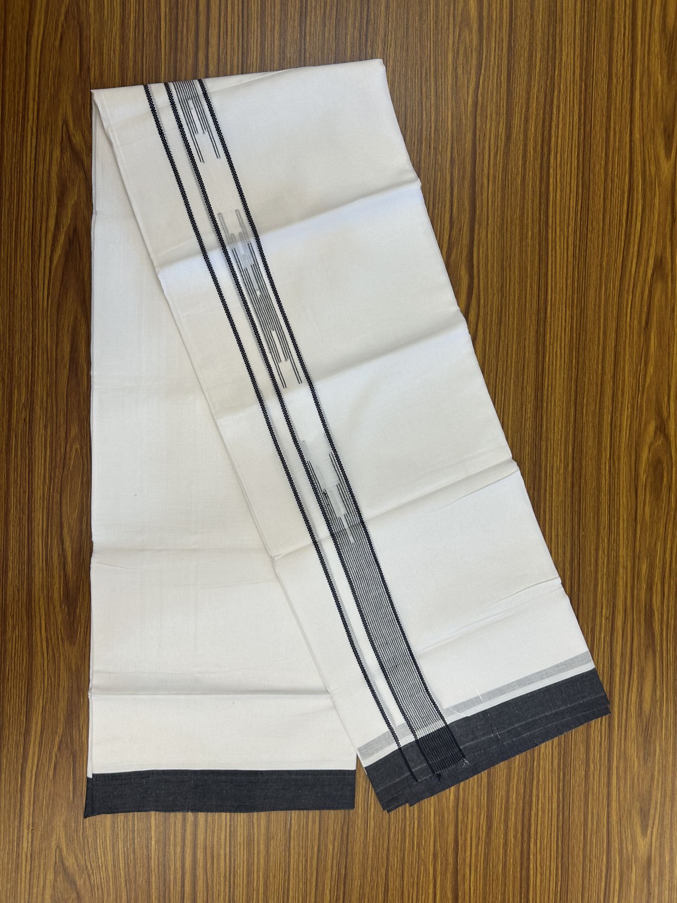 20% Discount ! Kaitharikada Balaramapuram 100% Cotton Pure White Double Mundu/Dothi - 100x80 - 1.5 inch Ash Black Stripes Design Chutty Kara 3.80 mtr (8 muzham) - 23 KK5319 THI