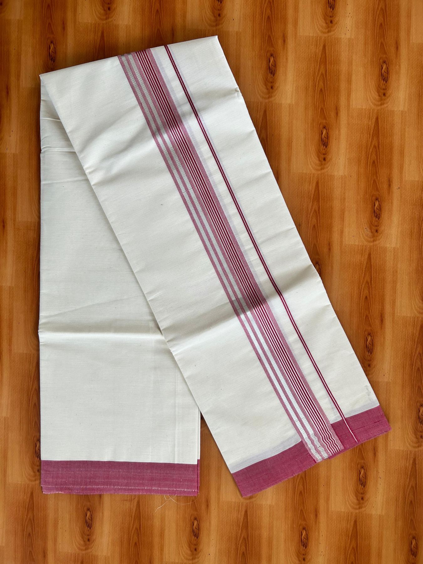 Short Dhoti Special - Off White (Unbleached) Single Mundu / Dhoti - KaithariKada Pure Cotton - 70x30 - 45 inch Height 1.80 m Length - 1.25 inch Maroon shaded Silver striped kara - 7 KK5494 PMC