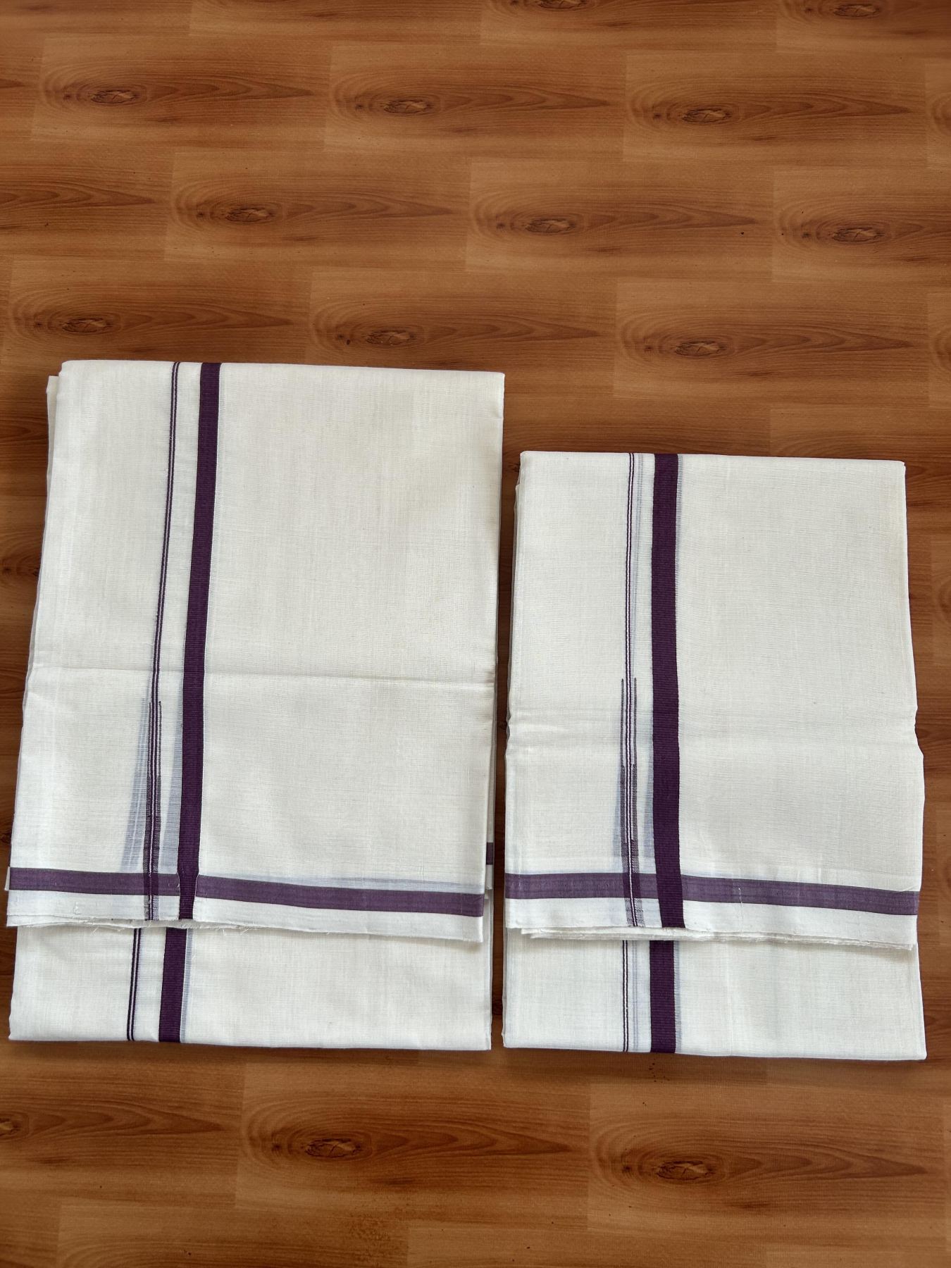25% Discount !! KaithariKada Handloom Millpaav Balaramapuram - 100% Pure Cotton Off White Single Set Mundu - 100x80 - 0.5 Inch  Wine Purple Puliyilakkara Chutty - Mundu 2 mtr & Neriyath 2.50 mtr - 5 KK7159 SOM