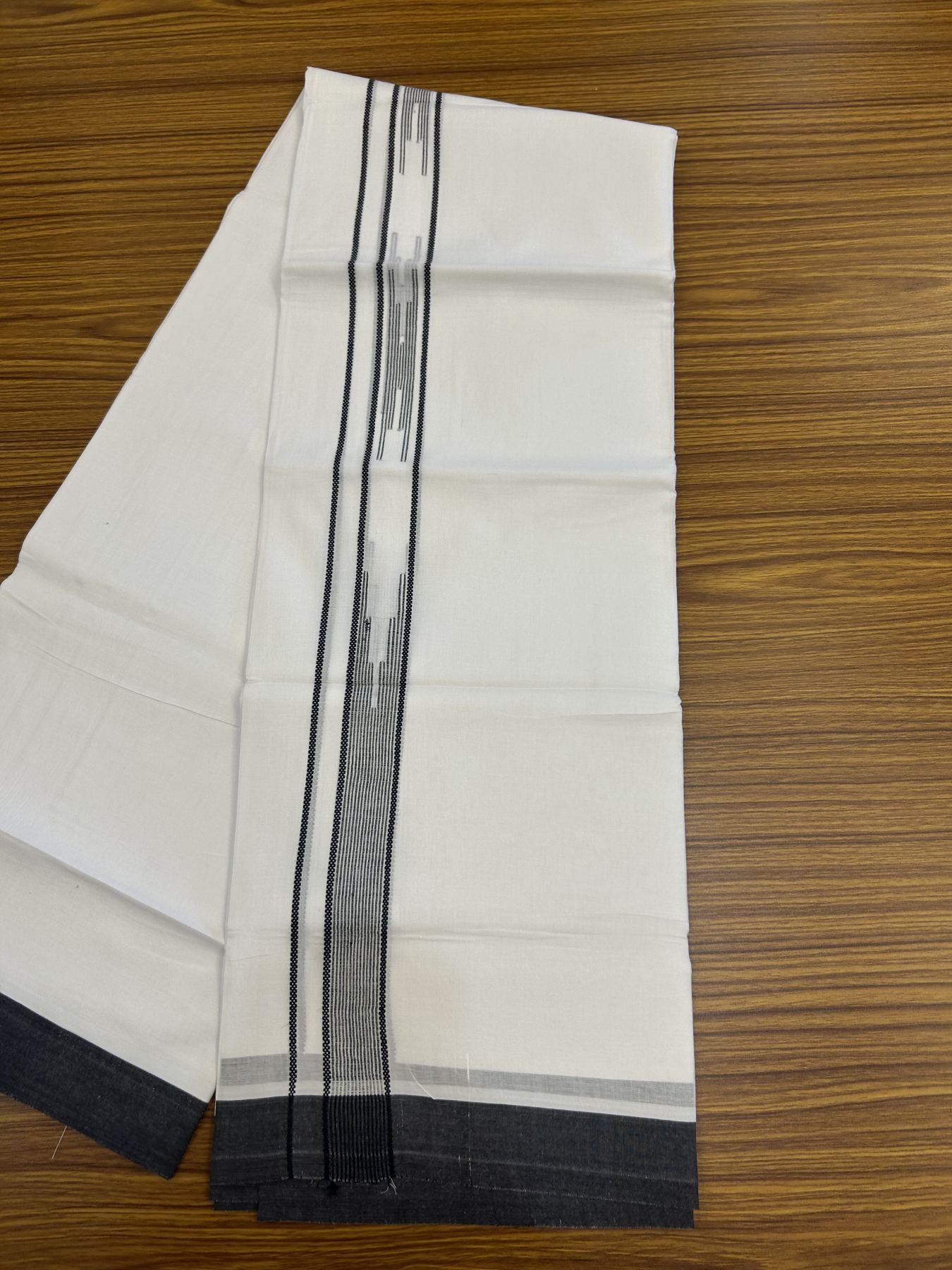 20% Discount ! Kaitharikada Balaramapuram 100% Cotton Pure White Double Mundu/Dothi - 100x80 - 1.5 inch Ash Black Stripes Design Chutty Kara 3.80 mtr (8 muzham) - 23 KK5319 THI