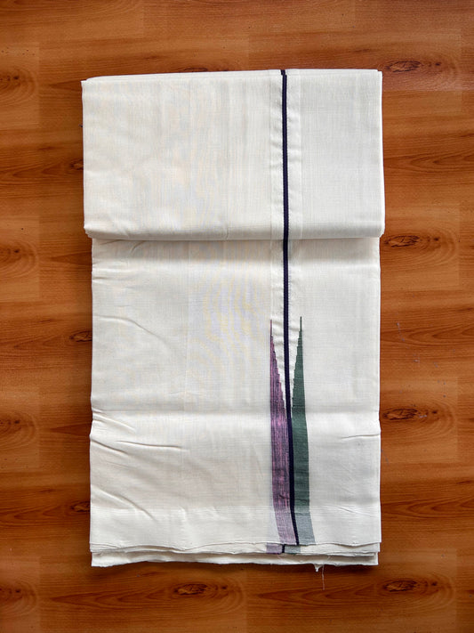 Off White - (Unbleached) Double Mundu/Dhoti - 25% Discount!! Unakkupaav Kerala Handloom 100% Pure Cotton - 100X80 - 1 inch Puliyilakkara Green , Pink & Violet chutty 3.80 mtr & 4 mtr - 17 KK5538 REA