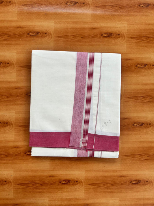 Short Dhoti Special - Off White (Unbleached) Single Mundu / Dhoti - KaithariKada Pure Cotton - 70x30 - 45 inch Height 1.80 m Length - 1.25 inch Maroon shaded Silver striped kara - 6 KK5494 PMC