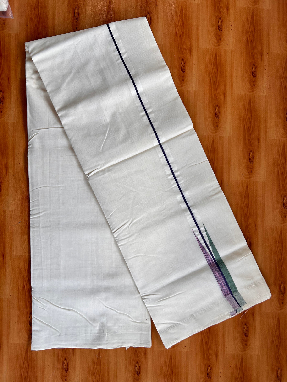 Off White - (Unbleached) Double Mundu/Dhoti - 25% Discount!! Unakkupaav Kerala Handloom 100% Pure Cotton - 100X80 - 1 inch Puliyilakkara Green , Pink & Violet chutty 3.80 mtr & 4 mtr - 17 KK5538 REA