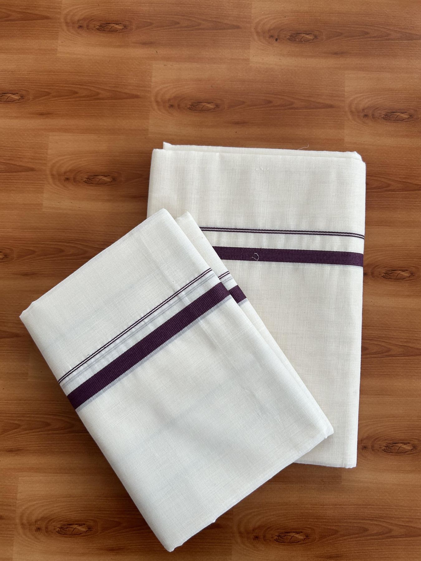 25% Discount !! KaithariKada Handloom Millpaav Balaramapuram - 100% Pure Cotton Off White Single Set Mundu - 100x80 - 0.5 Inch  Wine Purple Puliyilakkara Chutty - Mundu 2 mtr & Neriyath 2.50 mtr - 5 KK7159 SOM