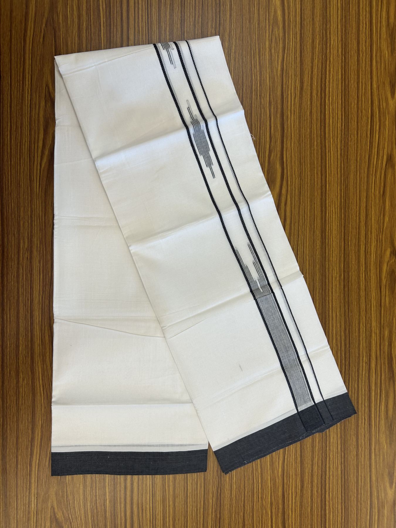 20% Discount ! Kaitharikada Balaramapuram 100% Cotton Pure White Double Mundu/Dothi - 100x80 - 1.5 inch Black Stripes Design Kara 3.80 mtr (8 muzham) - 22 KK5319 THI