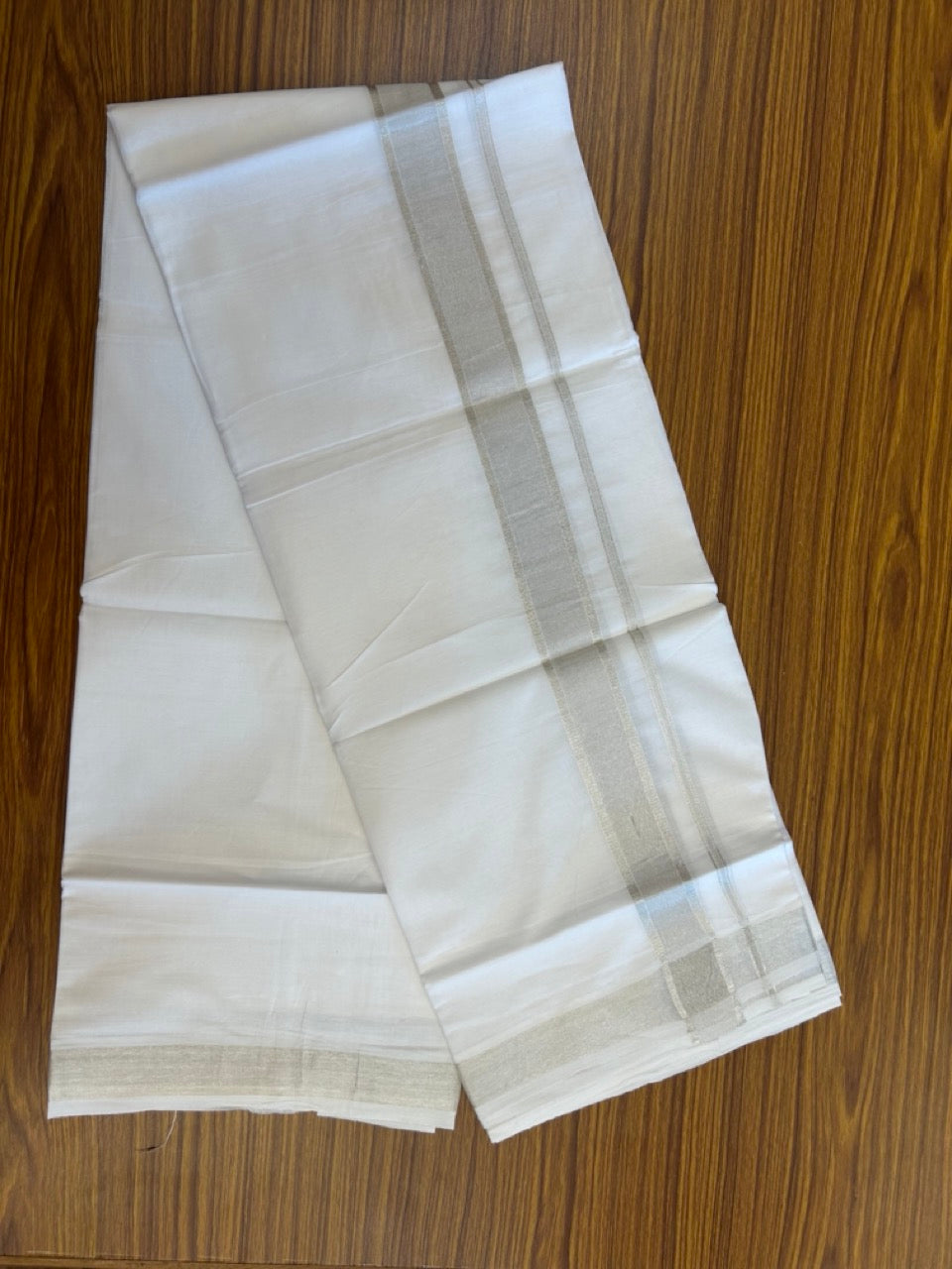 20% Discount! KaithariKada Balaramapuram 100% Cotton Double Pure White Mundu/Dhoti - 100x80 - 1.5 inch Silver Kasavu shaded Kara - 3.90 Mtr (8 Muzham) - 1 KK5282 PMC