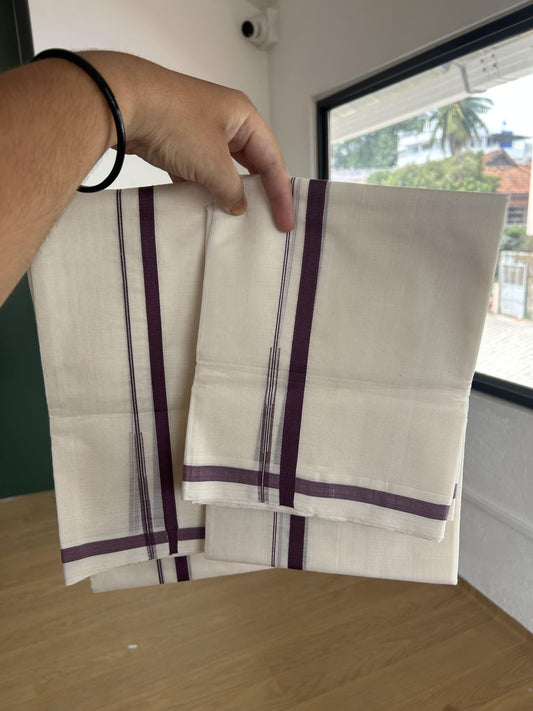 25% Discount !! KaithariKada Handloom Unakkupaav Balaramapuram - 100% Pure Cotton Off White Single Set Mundu - 100x80 - 0.5 Inch  Wine Purple Puliyilakkara Chutty - Mundu 2 mtr & Neriyath 2.50 mtr - 5 KK7159 SOM
