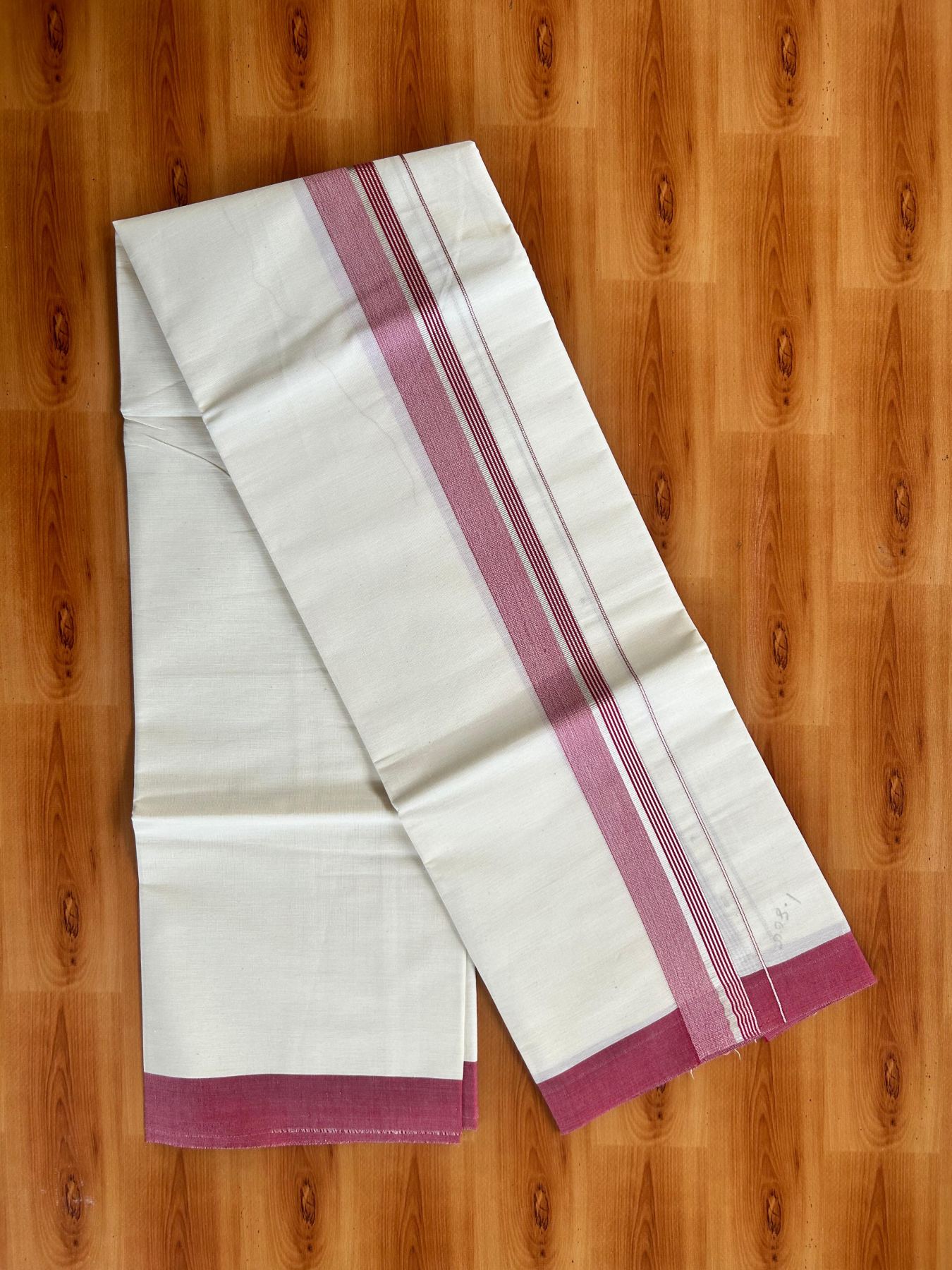 Short Dhoti Special - Off White (Unbleached) Single Mundu / Dhoti - KaithariKada Pure Cotton - 70x30 - 45 inch Height 1.80 m Length - 1.25 inch Maroon shaded Silver striped kara - 6 KK5494 PMC