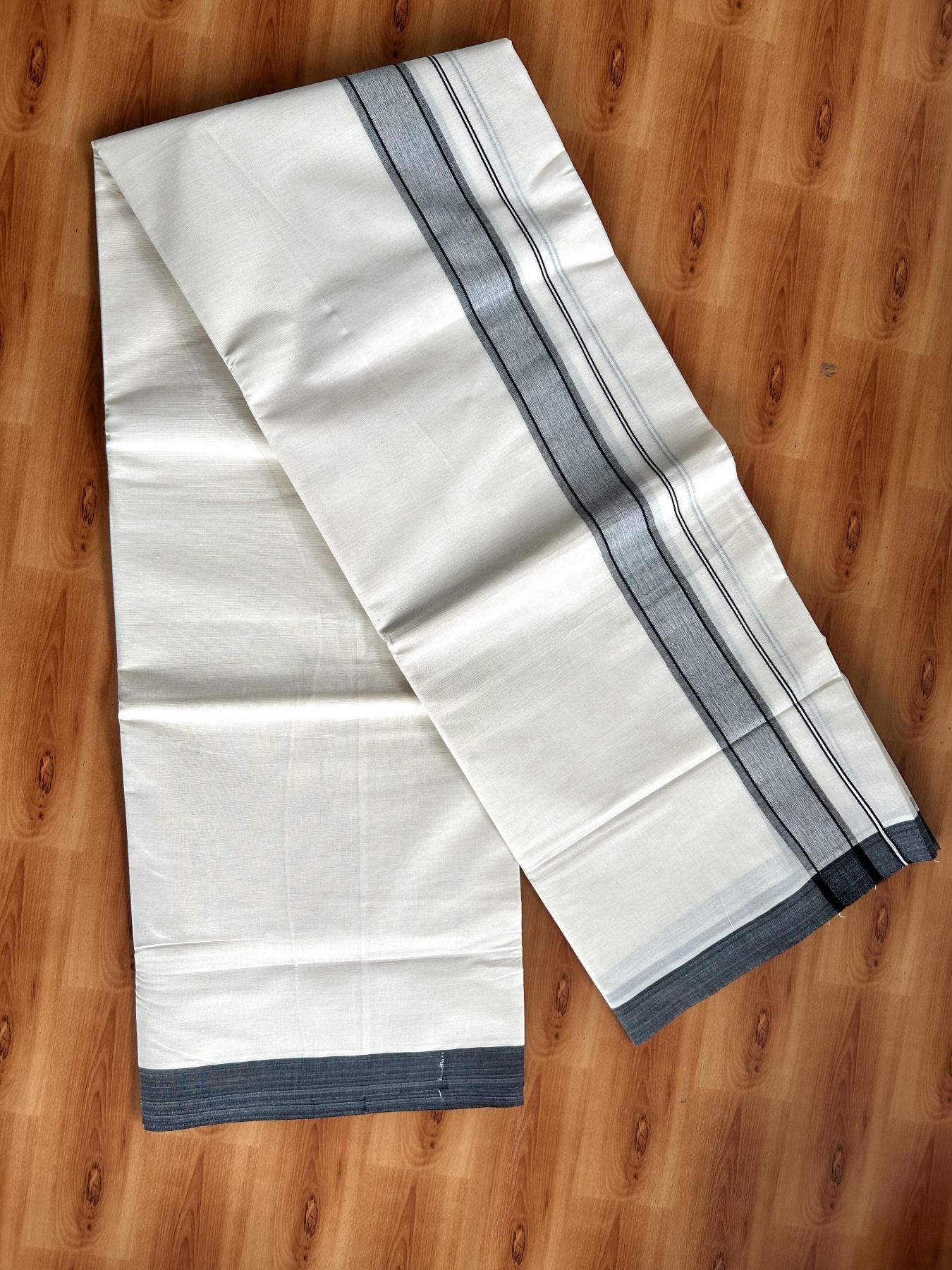 Double Off White Mundu/Dhoti- 20% Discount! KaithariKada Pure Cotton - 60s - 1.75 inch Black Shaded Kara 4 mtr (8.5 muzham) - 96 KK5460 PMC