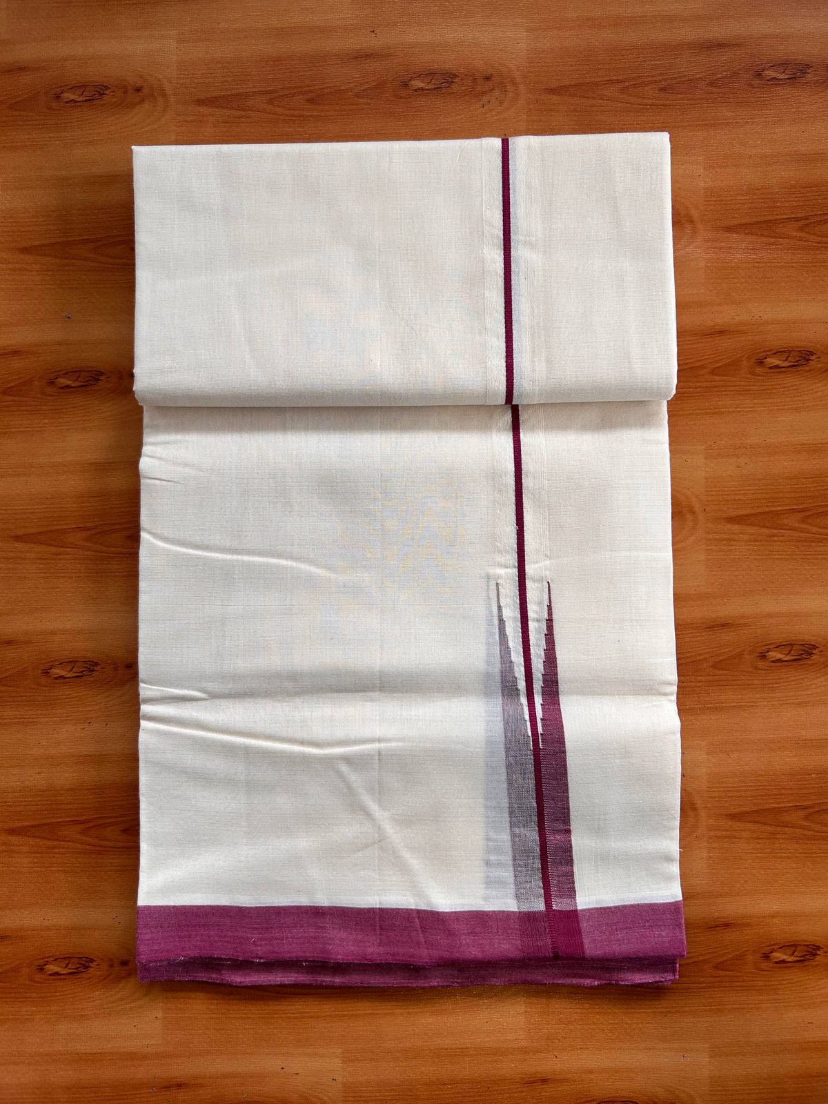 Off White (Unbleached) Double Mundu/Dhoti - 25% Discount!! Unakkupaav Kerala Handloom 100% Pure Cotton - 100X80 - 1 inch Puliyilakkara Maroon & Blue , Sand Brown Stripes Chutty 4 mtr (8.5 Muzham) - 14 KK5538 REA