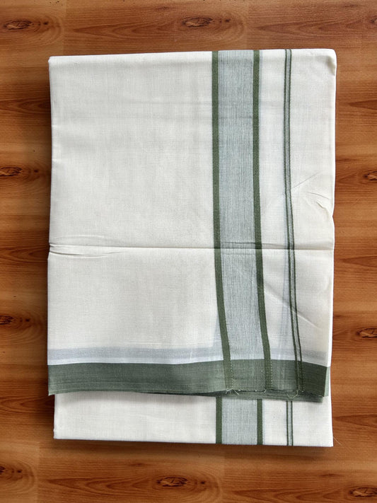 Double Off White Mundu/Dhoti- 20% Discount! KaithariKada Pure Cotton - 60s - 1.75 inch Sage Green Shaded Kara 4 mtr (8.5 muzham) - 94 KK5460 PMC