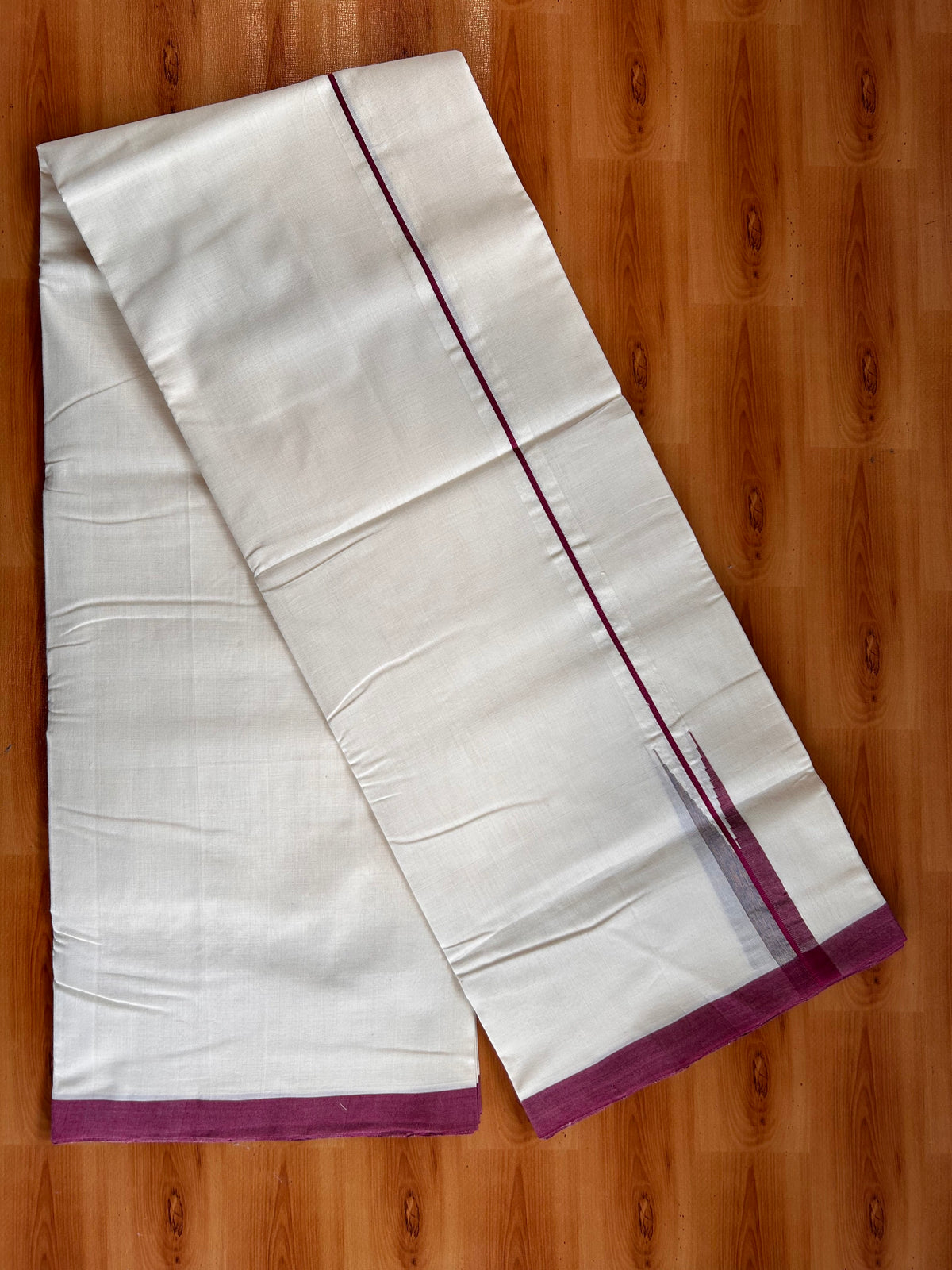 Off White (Unbleached) Double Mundu/Dhoti - 25% Discount!! Unakkupaav Kerala Handloom 100% Pure Cotton - 100X80 - 1 inch Puliyilakkara Maroon & Blue , Sand Brown Stripes Chutty 4 mtr (8.5 Muzham) - 14 KK5538 REA
