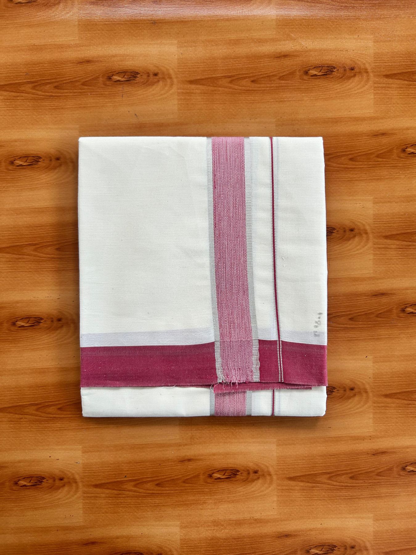 Short Dhoti Special - Off White (Unbleached) Single Mundu / Dhoti - KaithariKada Pure Cotton - 70x30 - 45 inch Height 1.80 m Length - 1.25 inch Silver kasav Maroon shaded kara - 9 KK5494 PMC