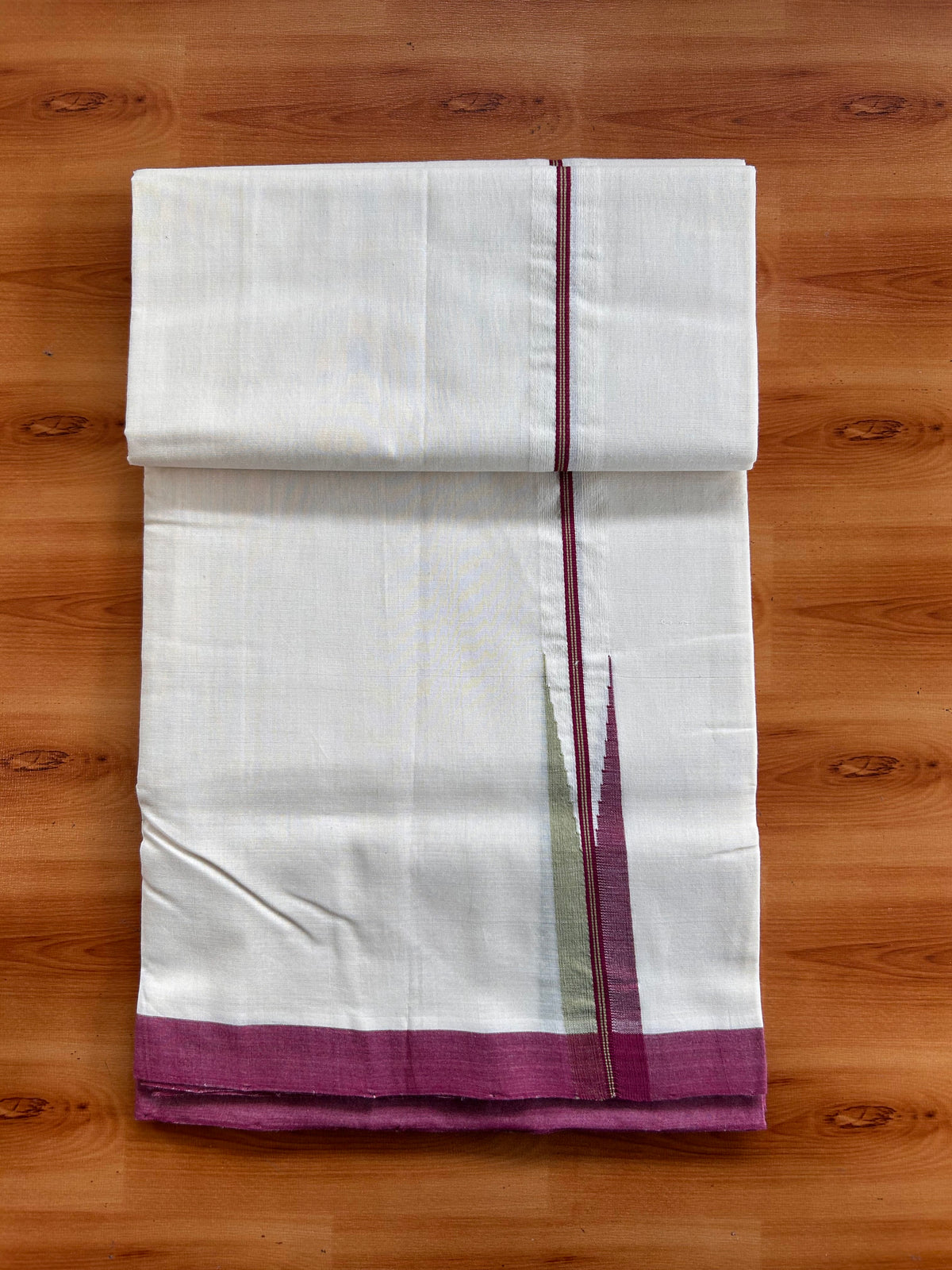 Off White (Unbleached) Double Mundu/Dhoti - 25% Discount!! Unakkupaav Kerala Handloom 100% Pure Cotton - 100X80 - 1 inch Puliyilakkara Maroon & Light Green Stripes Chutty 4 mtr (8.5 Muzham) - 12 KK5538 REA