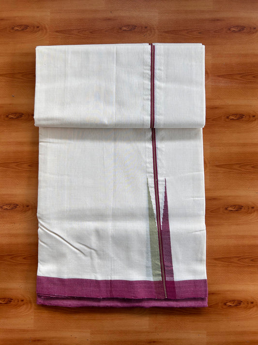 Off White (Unbleached) Double Mundu/Dhoti - 25% Discount!! Unakkupaav Kerala Handloom 100% Pure Cotton - 100X80 - 1 inch Puliyilakkara Maroon & Light Green Stripes Chutty 4 mtr (8.5 Muzham) - 12 KK5538 REA