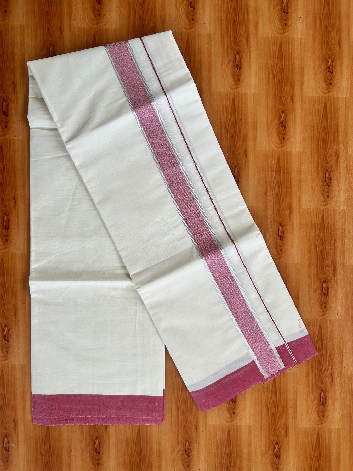 Short Dhoti Special - Off White (Unbleached) Single Mundu / Dhoti - KaithariKada Pure Cotton - 70x30 - 45 inch Height 1.80 m Length - 1.25 inch Silver kasav Maroon shaded kara - 9 KK5494 PMC