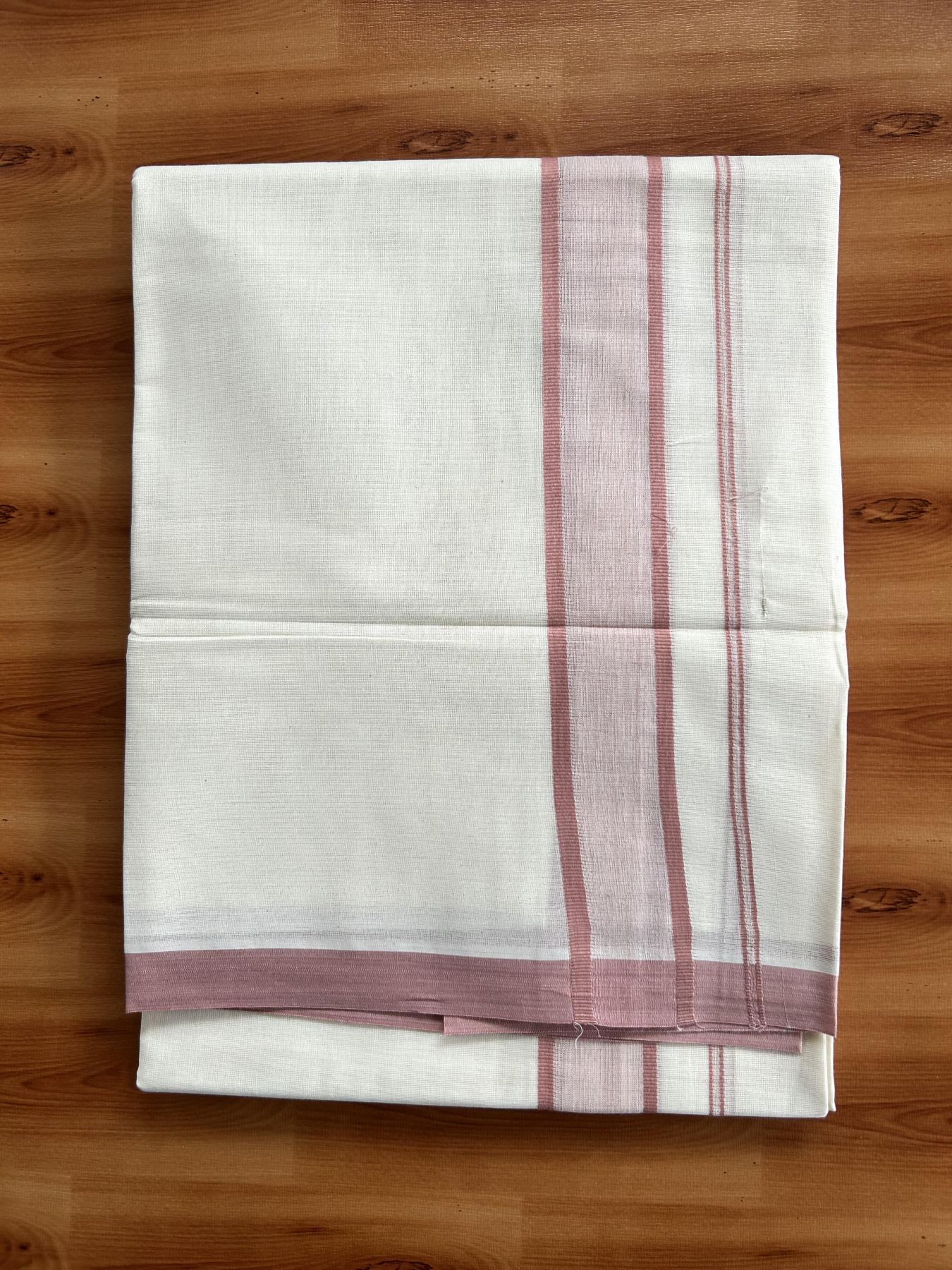 Double Off White Mundu/Dhoti- 20% Discount! KaithariKada Pure Cotton - 60s - 1.75 inch Dusty Pink Shaded Kara 4 mtr (8.5 muzham) - 93 KK5460 PMC